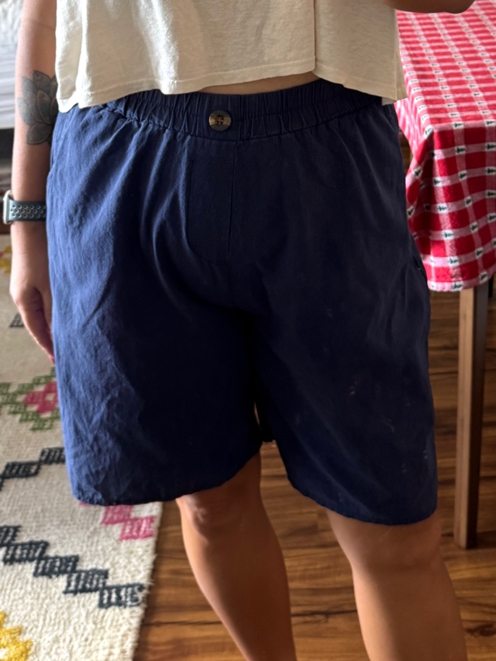 Women's Cotton Blend Navy Elastic-Waist Pull On Bermuda Shorts Size L Culottes - Picture 2 of 8